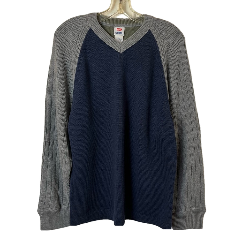 Vintage LEVI’s Y2K Raglan 100% Cotton V-Neck Long Sleeve Navy Grey Sweater Men M